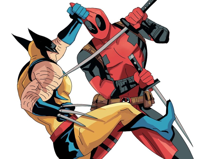 2boys, arm_hair, belt, blue_bodysuit, bodysuit, claw_(weapon), clothes_grab, commentary_request