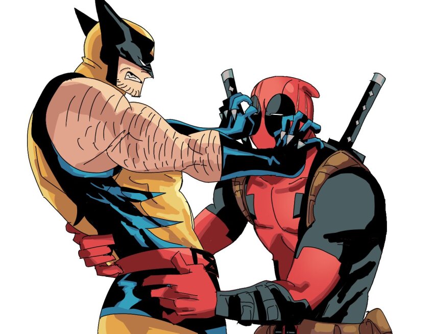 2boys, arm_hair, belt, blue_bodysuit, bodysuit, deadpool, deadpool_(series), facial_hair