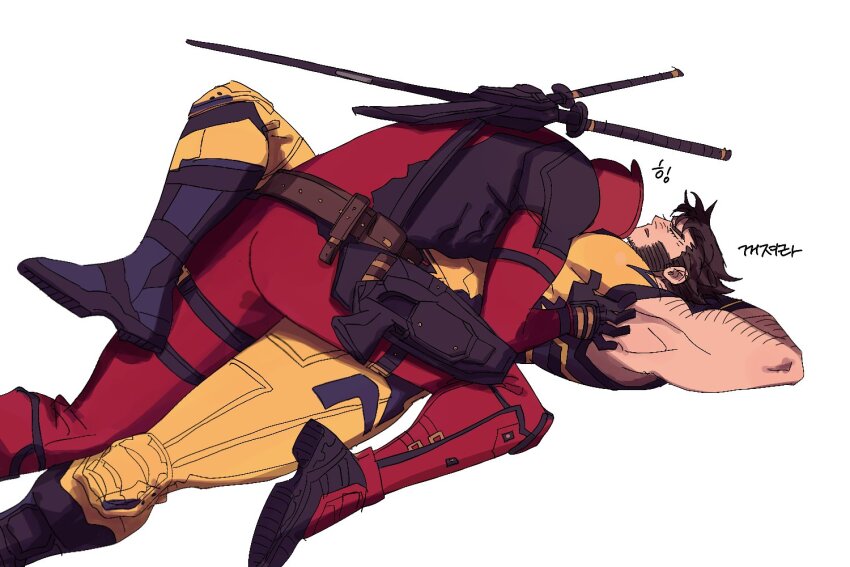 2boys, arm_hair, arm_up, armpits, ass, beard, belt, bodysuit