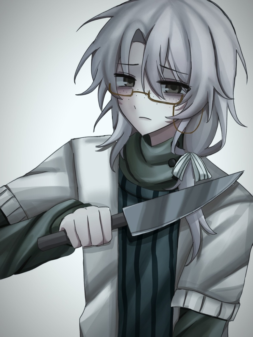 1boy, bai_ling_(touqi_guaitan), blue_vest, bow, brown-framed_eyewear, brown_eyes, cardigan, closed_mouth