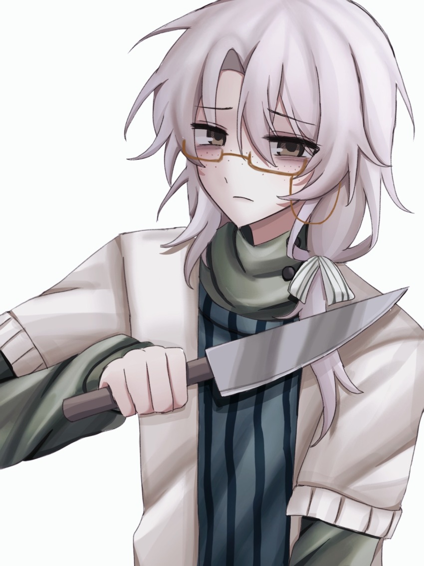 1boy, bai_ling_(touqi_guaitan), blue_vest, bow, brown-framed_eyewear, brown_eyes, cardigan, closed_mouth