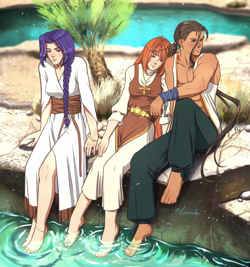 1boy, 2girls, abs, bangle, barefoot, black_pants, blue_eyes, bracelet