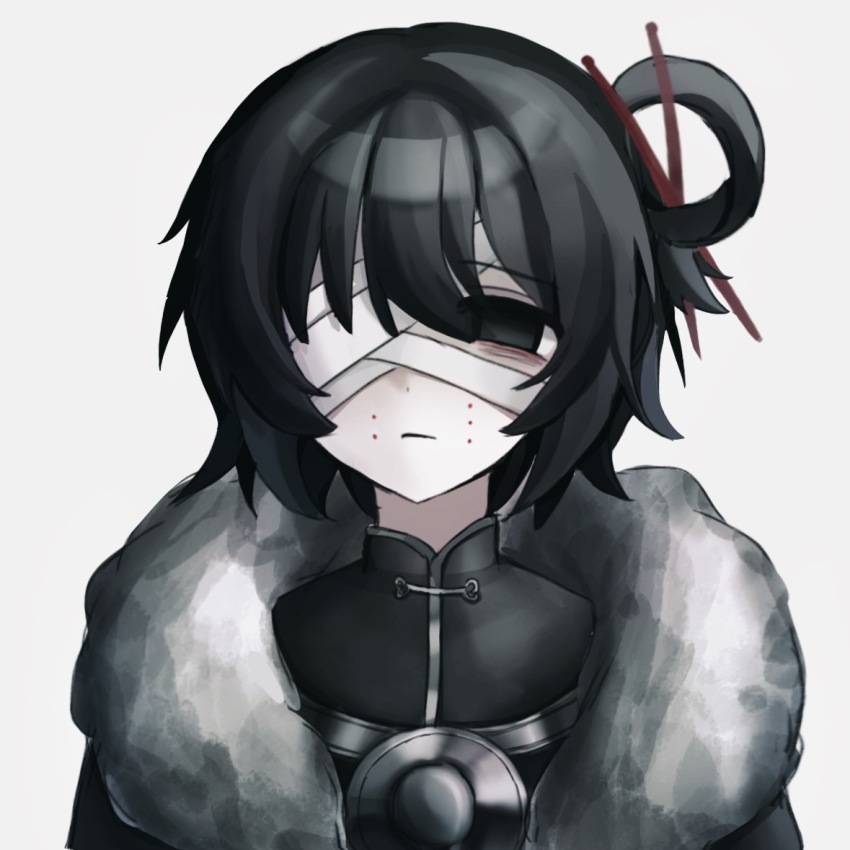 1girl, bandage_over_one_eye, black_eyes, black_hair, black_jacket, black_shirt, chinese_clothes, closed_mouth