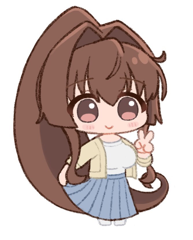 1girl, ayuko91, blue_skirt, blush, breasts, brown_eyes, brown_hair, chibi