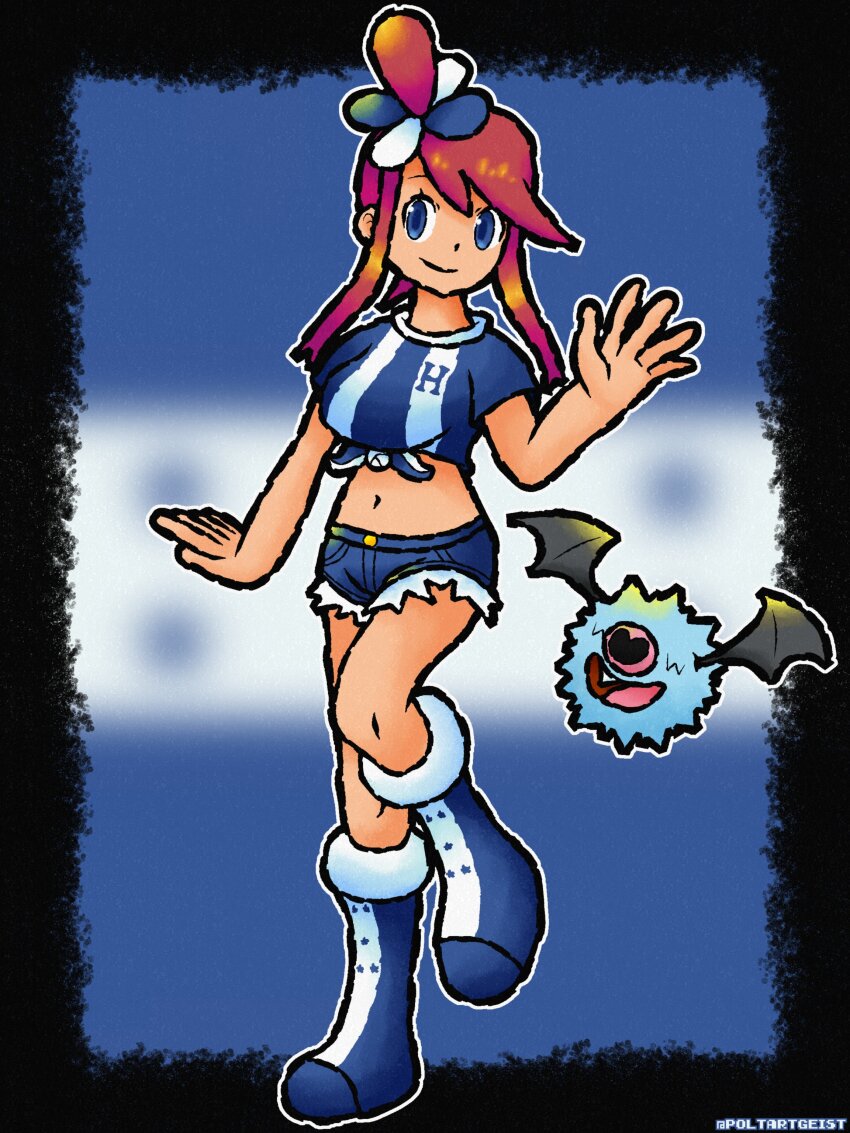 1girl, 2024_pokemon_teraleak, absurdres, alternate_costume, bat_wings, blue_eyes, blue_footwear, boots