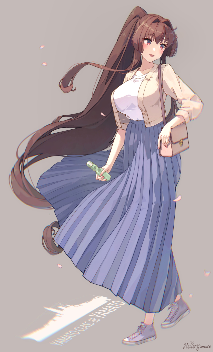1girl, absurdres, blue_skirt, bottle, breasts, brown_hair, character_name, cherry_blossoms, flower, full_body, hair_flower, hair_intakes, hair_ornament, highres, himeyamato, holding, holding_bottle, kantai_collection, large_breasts, long_hair, long_skirt, pleated_skirt, ponytail, purple_eyes, ramune, shirt, shoes, sidelocks, skirt, smile, sneakers, solo, standing, very_long_hair, white_shirt, white_shoes, yamato_(kancolle), yamato_(kure)_(kancolle), yamato_(kure_2024)_(kancolle)