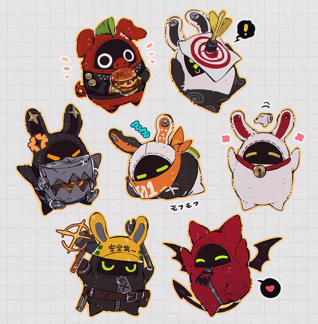 !, anger_vein, bangboo_(zenless_zone_zero), bell, boollseye_(zenless_zone_zero), burger, closed_eyes, devilboo_(zenless_zone_zero), eous_(zenless_zone_zero), flower_symbol, food, heart, holding, holding_burger, holding_food, luckyboo_(zenless_zone_zero), marusan159, no_humans, red_moccus_(zenless_zone_zero), safety_(zenless_zone_zero), securityboo_(zenless_zone_zero), simple_background, sleeping, sparkle, spoken_exclamation_mark, spoken_heart, tail, wings, wrench, zenless_zone_zero, zzz