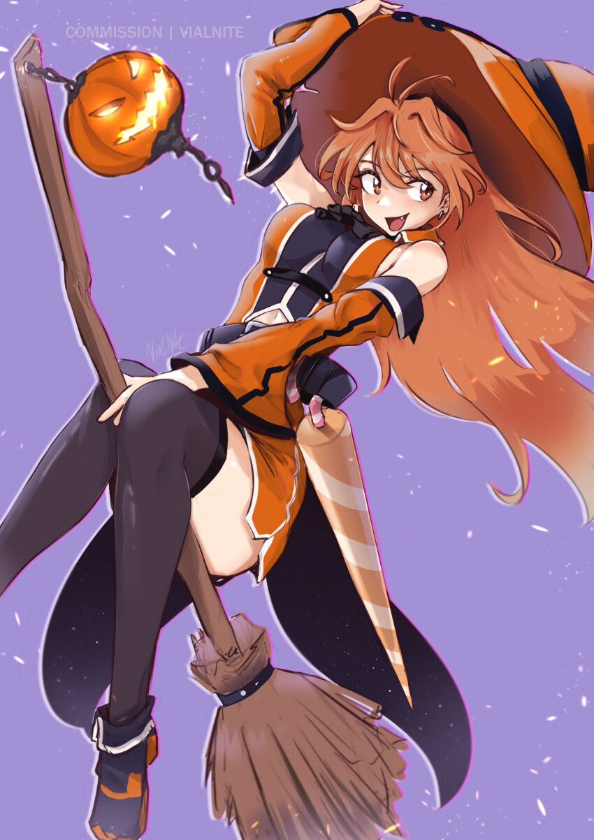 1girl, :d, black_thighhighs, breasts, broom, broom_riding, commentary, commission