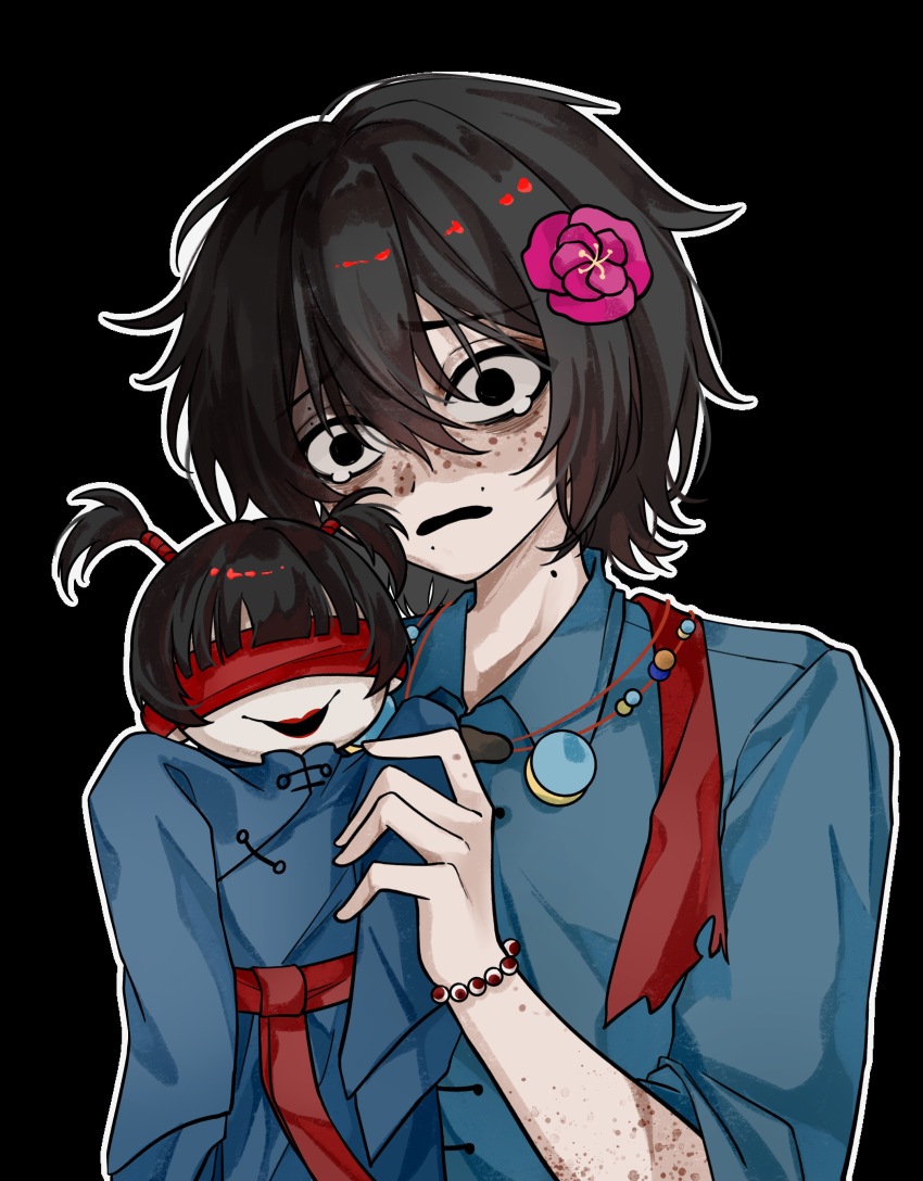 1boy, absurdres, black_background, black_eyes, black_hair, blue_shirt, body_freckles, bracelet