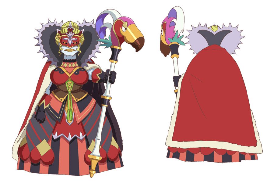 1girl, back, black_gloves, blue_skin, breasts, cape, colored_skin, corset, domino_mask, eye_mask, full_body, gloves, grimms_notes, grimms_notes_the_animation, hand_fan, heartless_queen_(grimms_notes), holding, holding_staff, holding_weapon, kawashima_hisashi, mask, multiple_views, official_art, reference_sheet, simple_background, staff, weapon, white_background, yellow_lips