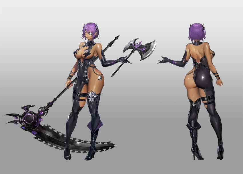 1girl, 2021, arm_behind_back, armpit_crease, ass, asymmetrical_clothes, asymmetrical_gloves, bare_shoulders