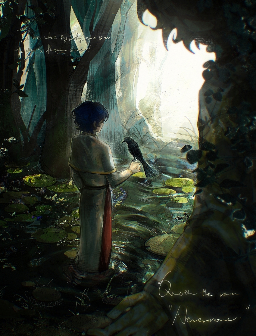 1boy, absurdres, belt, bird, bird_on_hand, black_belt, blue_hair, capelet