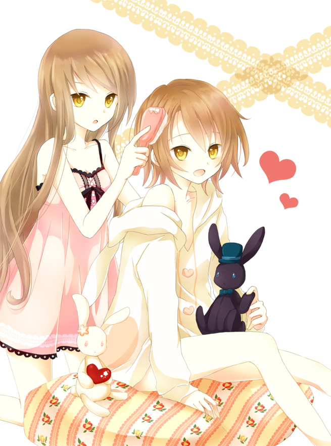 1boy, 1girl, akane_(goma), akira_(goma), blush, brother_and_sister, brown_hair, brush, rabbit, goma_(11zihisin), hat, heart, long_hair, nightgown, off_shoulder, open_mouth, original, pajamas, short_hair, siblings, sitting, souta_(goma), stuffed_animal, stuffed_toy, trap, yellow_eyes