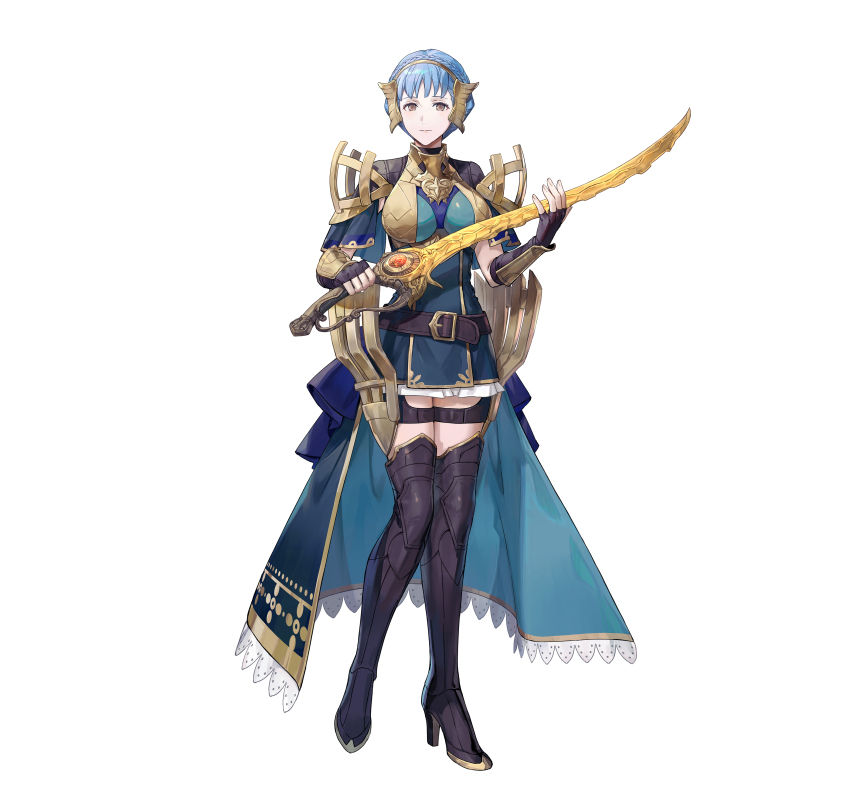 1girl, absurdres, azu-taro, blue_hair, blutgang_(fire_emblem), braid, breasts, crown_braid, dress, fire_emblem, fire_emblem:_three_houses, fire_emblem_heroes, full_body, hair_ornament, highres, holding, holding_sword, holding_weapon, jewelry, marianne_von_edmund, marianne_von_edmund_(cursed_blessing), marianne_von_edmund_(timeskip), nintendo, official_alternate_costume, official_art, simple_background, sword, weapon, white_background