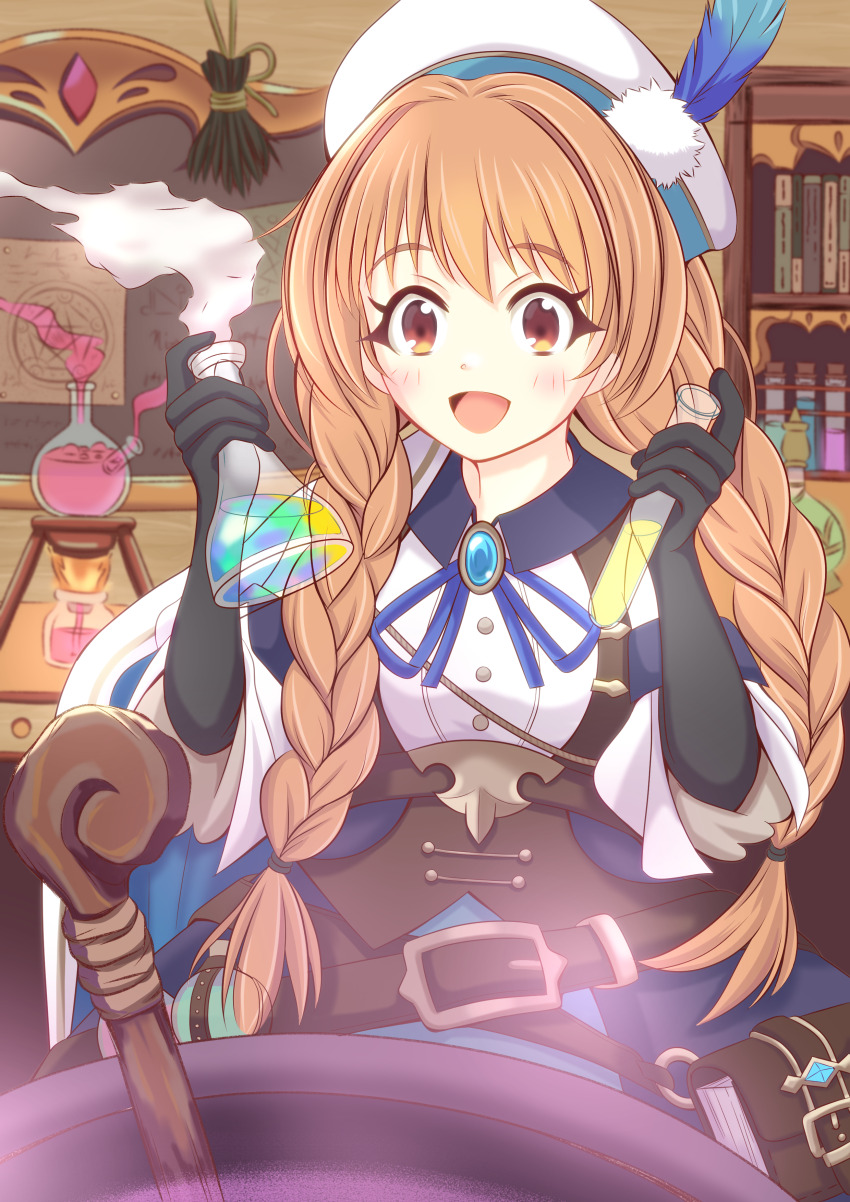 1girl, absurdres, alchemy, belt, beret, black_gloves, blue_gem, blue_ribbon