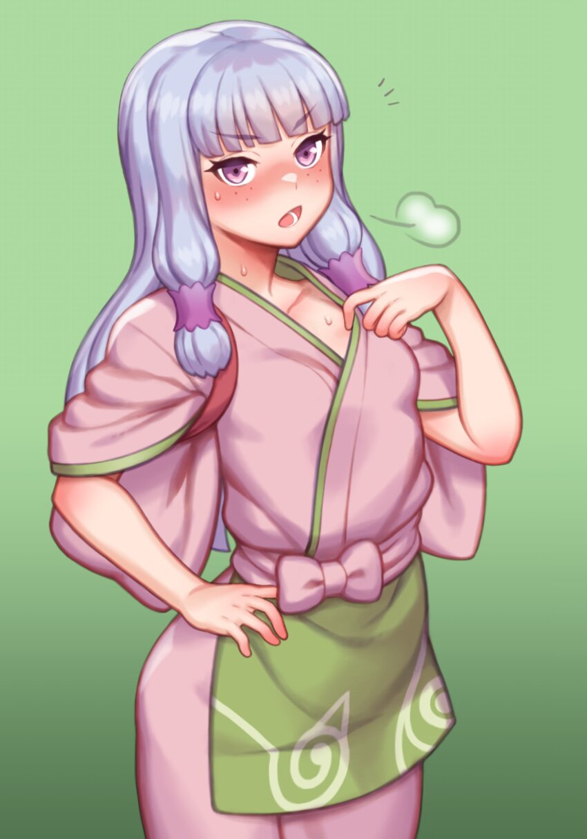 1girl, absurdres, agria_(tales), agria_(waitress)_(tales), alternate_costume, apron, blush, commission, folks_(nabokof), freckles, green_background, hair_rings, heavy_breathing, highres, japanese_clothes, kimono, long_hair, nakai_(waitress), official_alternate_costume, open_mouth, pulling_own_clothes, simple_background, solo, sweat, tales_of_(series), tales_of_asteria, tales_of_xillia, tasuki, waist_apron, white_hair