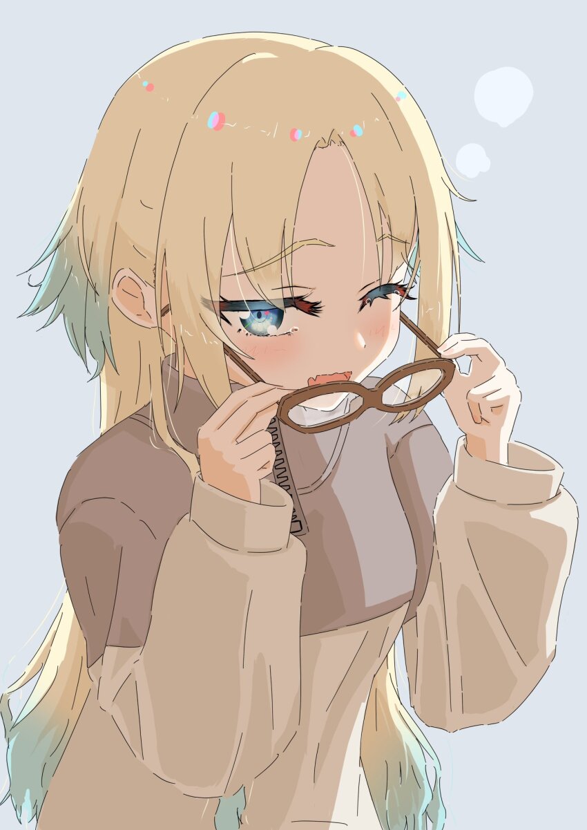 1girl, ;d, blonde_hair, blue_eyes, blue_hair, blush, brown-framed_eyewear, brown_shirt, commentary_request, fang, glasses, gradient_hair, grey_background, hair_down, highres, holding, holding_removed_eyewear, light_blue_hair, link!_like!_love_live!, long_hair, long_sleeves, looking_at_viewer, loungewear, love_live!, multicolored_hair, official_alternate_costume, official_alternate_hairstyle, one_eye_closed, open_mouth, osawa_rurino, osawa_rurino_(summer_loungewear), puffy_long_sleeves, puffy_sleeves, sanya_(sanya_ikuyo), shirt, simple_background, skin_fang, smile, solo, unworn_eyewear, upper_body, virtual_youtuber