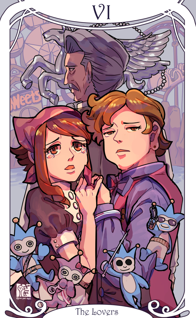 1girl, 2boys, ace_attorney, ace_attorney_investigations, ace_attorney_investigations:_miles_edgeworth, bandana, black_shirt, blue_badger, blue_shirt, bow, brown_eyes, card_(medium), colin_devorae, cuffs, earrings, facial_hair, gun, handcuffs, holding, holding_gun, holding_weapon, jewelry, lance_amano, lauren_paups, multiple_boys, mustache, old, old_man, parted_lips, pegasus, pink_badger, pink_bandana, pink_bow, pink_vest, polka_dot_headwear, puffy_sleeves, ribbon, ring_pop, saginoko, shirt, short_hair, solid_circle_eyes, statue, sunglasses, tarot, tarot_(medium), tearing_up, the_lovers_(tarot), vest, weapon