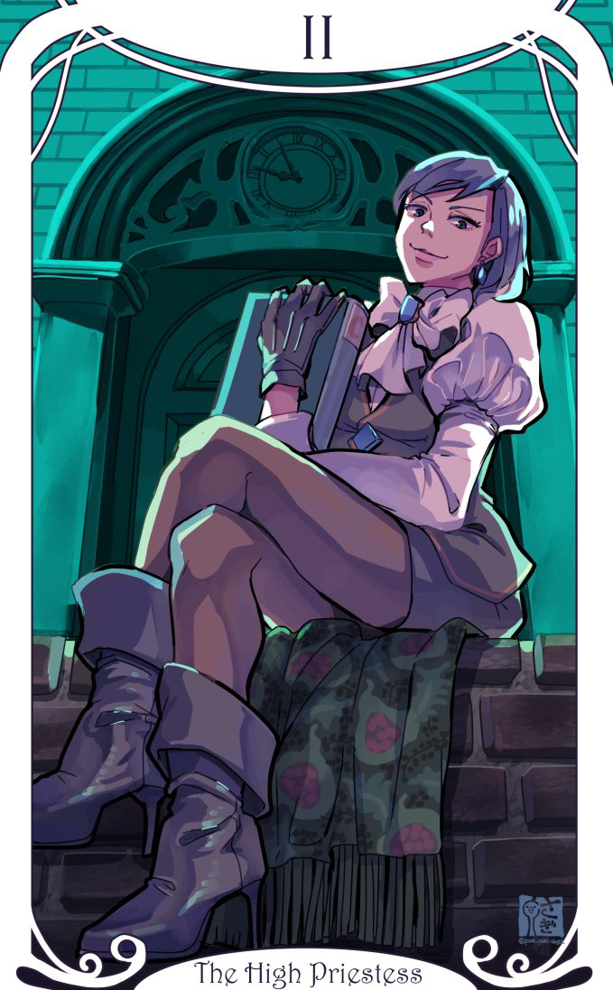 1girl, ace_attorney, ace_attorney_investigations, ankle_boots, arm_on_own_leg, ascot, black_gloves, black_skirt, black_vest, book, boots, bow, brick_wall, card_(medium), clock, crossed_legs, door, earrings, franziska_von_karma, from_below, full_body, gloves, grey_hair, hand_up, high_heels, holding, holding_book, jewelry, juliet_sleeves, long_sleeves, pantyhose, puffy_sleeves, saginoko, short_hair, sitting_on_wall, skirt, smile, solo, tarot, tarot_(medium), the_high_priestess_(tarot), vest, white_ascot, white_bow
