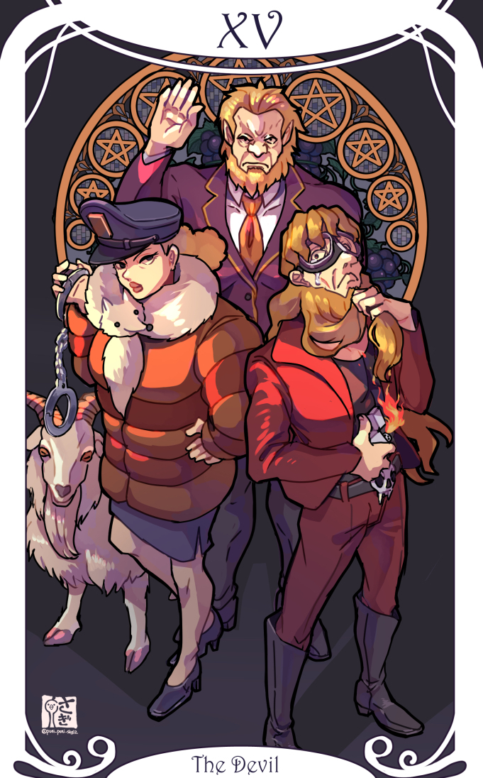 1girl, 2boys, ace_attorney, ace_attorney_investigations, ace_attorney_investigations_2:_prosecutor's_gambit, animal_scarf, arm_up, beard, belt, black_belt, black_footwear, black_pants, black_shirt, blonde_hair, blue_hat, blue_skirt, boots, brown_hair, brown_jacket, card_(medium), collared_shirt, cuffs, facial_hair, fire, full_beard, full_body, fur_jacket, goat, goggles, hand_on_own_hip, handcuffs, hat, high_heels, holding, holding_handcuffs, holding_lighter, ichiyanagi_bansai, jacket, lighter, long_hair, miwa_marii, multiple_boys, necktie, orange_necktie, ou_teikun, pants, peaked_cap, pointy_ears, police_hat, purple_jacket, red_jacket, red_pants, rogues'_gallery, saginoko, shirt, short_hair, skirt, spoilers, tarot, tarot_(medium), tearing_up, the_devil_(tarot), white_shirt