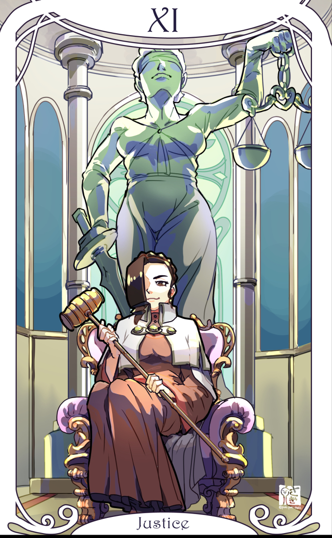 1girl, ace_attorney, ace_attorney_investigations, ace_attorney_investigations_2:_prosecutor's_gambit, balance_scale, brown_dress, brown_eyes, brown_hair