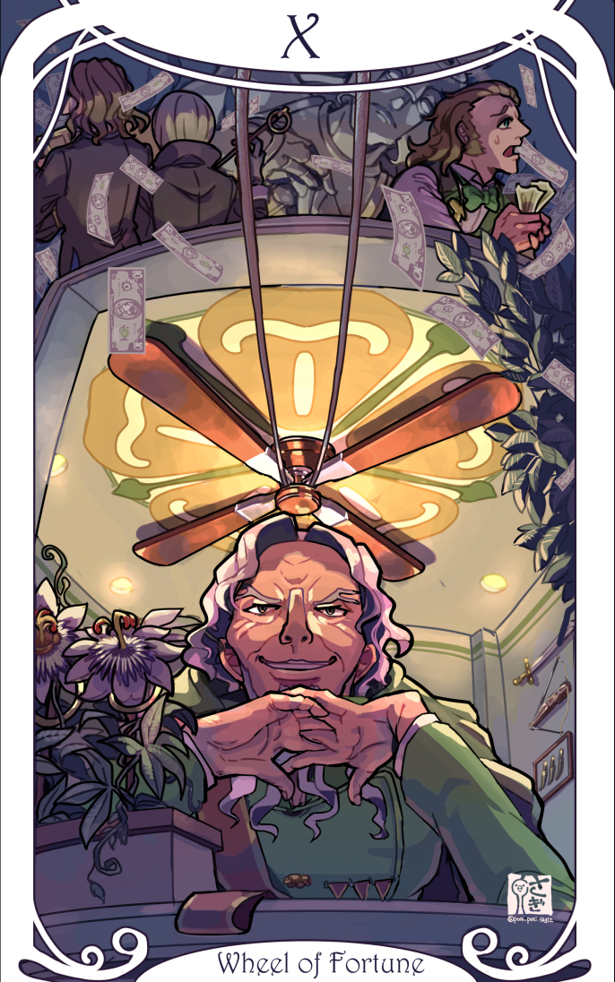 2boys, ace_attorney, ace_attorney_investigations, ace_attorney_investigations:_miles_edgeworth, bow_(weapon), card_(medium), ceiling_fan, ceiling_light