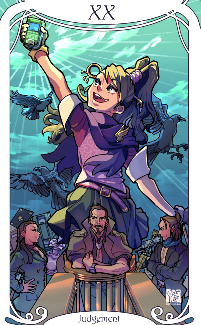 2boys, 2girls, ace_attorney, ace_attorney_investigations, ace_attorney_investigations:_miles_edgeworth, arm_up, badge, belt