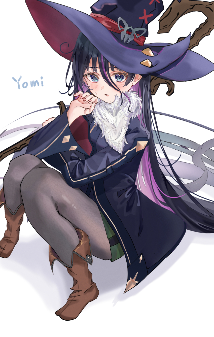 1girl, artist_name, black_hair, black_pantyhose, blue_eyes, blue_jacket, boots, brown_boots