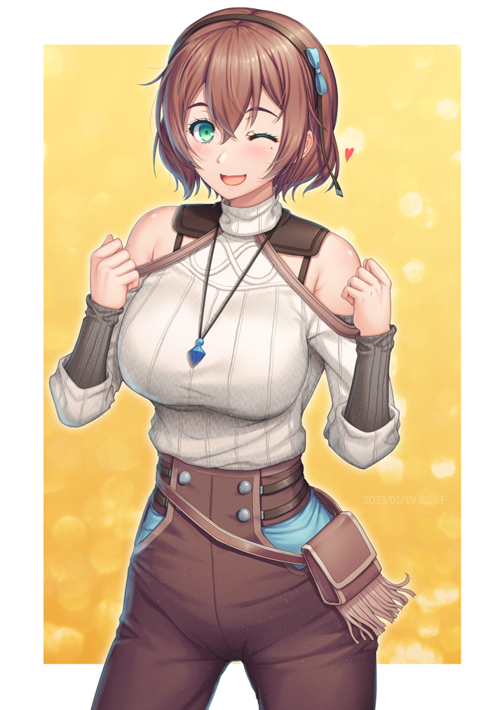 1girl, armpit_crease, bare_shoulders, black_hairband, blue_ribbon, blush, breasts, brown_hair, brown_pants, commentary, green_eyes, hairband, heart, jewelry, large_breasts, looking_at_viewer, medium_hair, miyai_sen, mole, mole_under_eye, necklace, one_eye_closed, open_mouth, pants, pouch, ribbed_sweater, ribbon, smile, solo, sweater, turtleneck, turtleneck_sweater, white_sweater, ys, ys_ix:_monstrum_nox, yufa_gamberg