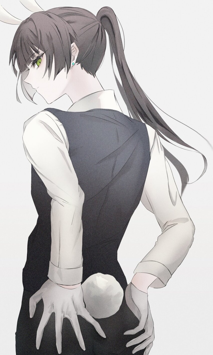 1girl, animal_ears, black_hair, butler, crossdressing, crossdressing_(ftm), female_butler, formal_clothes, gloves, green_eyes, heaven_burns_red, highres, long_hair, looking_back, mts_dsk, natsume_inori, nontraditional_playboy_bunny, pant_suit, pants, playboy_bunny, ponytail, rabbit_ears, rabbit_tail, shirt, solo, suit, tail, white_gloves, white_shirt