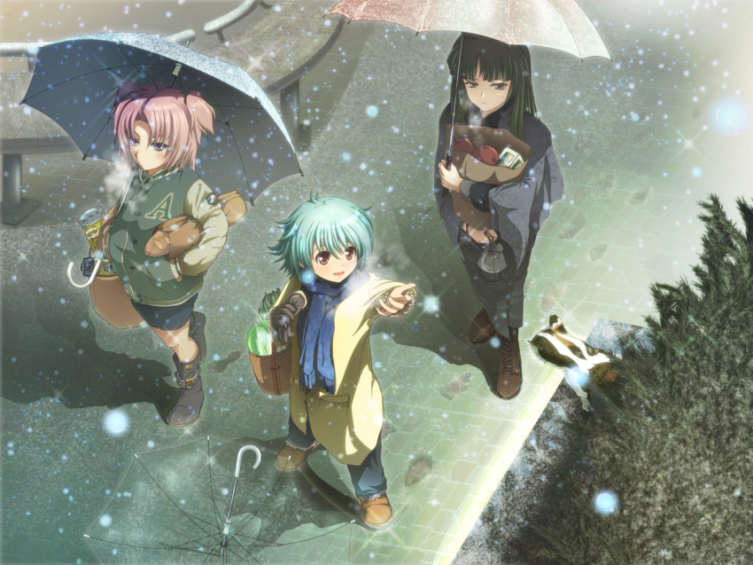 3girls, aiba_kazuki, apple, aqua_hair, bag, black_hair, bread, brown_eyes