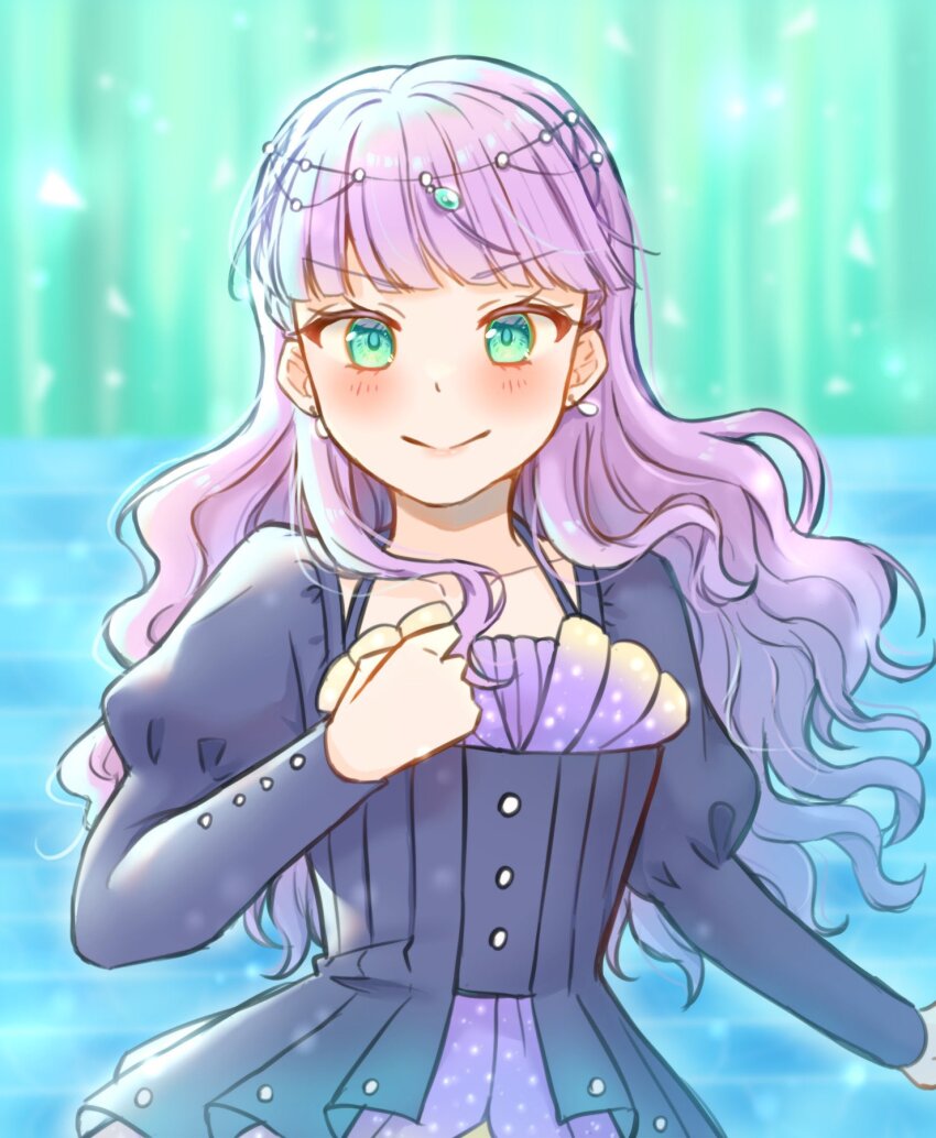 1girl, aoi_madoka, black_dress, blunt_bangs, blurry, blurry_background, blush, bubble_rise_(love_live!)