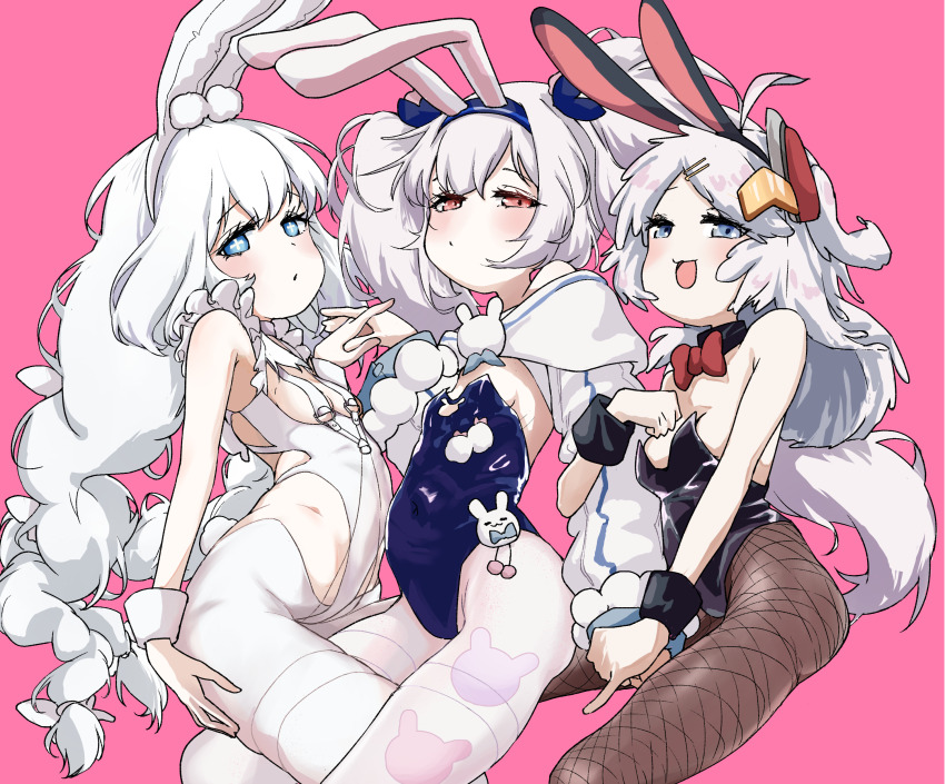 +_+, 3girls, absurdres, animal_ears, azur_lane, black_leotard, blue_eyes, blue_leotard