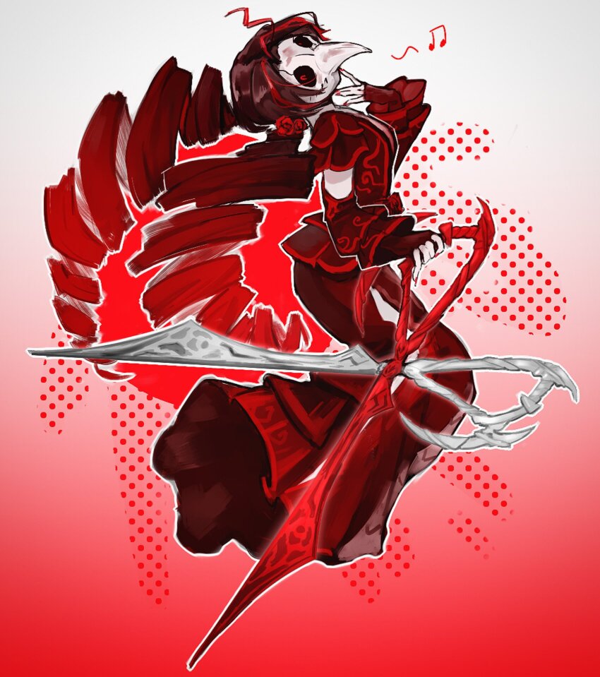 1girl, nicolina_(project_moon), brown_hair, chinese_commentary, commentary_request, detached_sleeves, dress, drill_hair, fingerless_gloves, flower, gloves, goawat, hair_flower, hair_ornament, hand_up, highres, holding, holding_scissors, holding_weapon, limbus_company, long_dress, long_hair, looking_at_viewer, looking_back, mask, multicolored_hair, musical_note, oversized_object, plague_doctor_mask, project_moon, red_background, red_dress, red_eyes, red_flower, red_gloves, red_hair, red_nails, red_rose, red_sleeves, rose, scissors, simple_background, solo, spoken_musical_note, streaked_hair, twin_drills, two-tone_hair, very_long_hair, weapon, white_mask