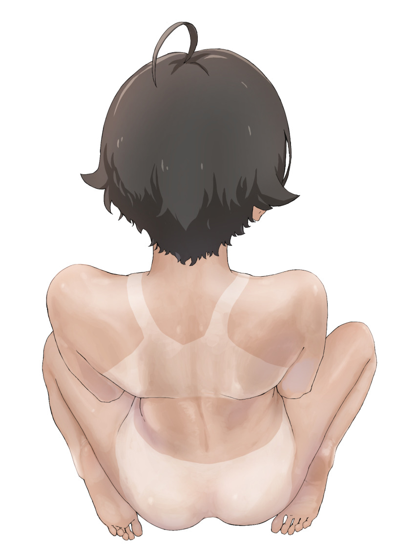 1girl, ahoge, ass, back, back_focus, barefoot, black_hair, commentary_request, completely_nude, feet, from_above, from_behind, highres, kuroppoito, make_heroine_ga_oo_sugiru!, nude, short_hair, shoulder_blades, simple_background, soles, solo, spread_legs, tan, tanline, white_background, yakishio_lemon