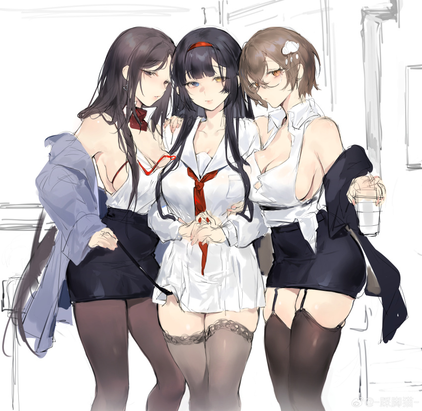 3girls, absurdres, bare_shoulders, black_hair, black_skirt, blush, breasts, brown_eyes, brown_hair, cleavage, closed_mouth, cup, flower, garter_straps, glasses, hair_between_eyes, hair_flower, hair_ornament, hairband, highres, holding, holding_cup, jacket, large_breasts, long_hair, long_sleeves, looking_at_viewer, mole, mole_under_eye, multiple_girls, neckerchief, off_shoulder, pantyhose, pencil_skirt, red_neckerchief, sailor_collar, sandwiched, school_uniform, serafuku, shirt, short_hair, shoukaku_(warship_girls_r), sideboob, sketch, skirt, sleeveless, smile, suruga_(warship_girls_r), thighhighs, unfinished, very_long_hair, warship_girls_r, white_shirt, xiangchizhubijin, yellow_eyes, zettai_ryouiki, zuikaku_(warship_girls_r)