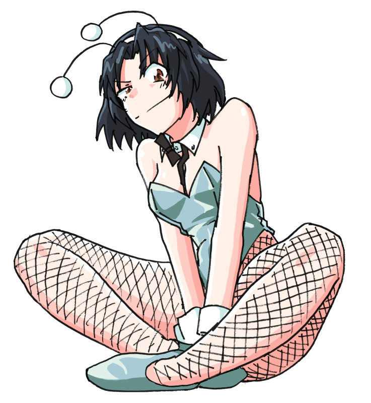 1girl, alternate_costume, antennae, black_hair, blue_footwear, blue_leotard, breasts, brown_eyes
