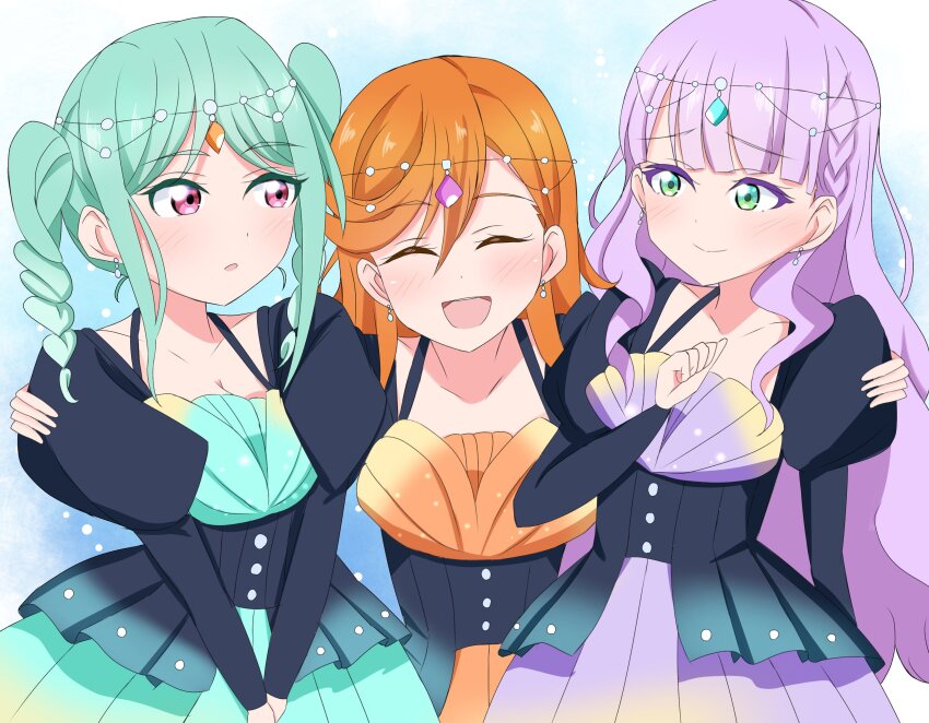 3girls, :d, :o, ^_^, absurdres, aqua_dress, aqua_eyes, aqua_hair, black_dress, blue_background, blunt_bangs, braid, braided_twintails, breasts, bubble_rise_(love_live!), cleavage, closed_eyes, closed_mouth, collarbone, commentary, dress, hair_between_eyes, highres, long_hair, looking_at_another, love_live!, love_live!_superstar!!, matcha_moti_(matcha_427), multiple_girls, official_alternate_costume, onitsuka_tomari, open_mouth, orange_dress, orange_hair, pink_eyes, purple_dress, purple_hair, shibuya_kanon, side_braids, smile, swept_bangs, teeth, upper_body, upper_teeth_only, wavy_hair, wien_margarete