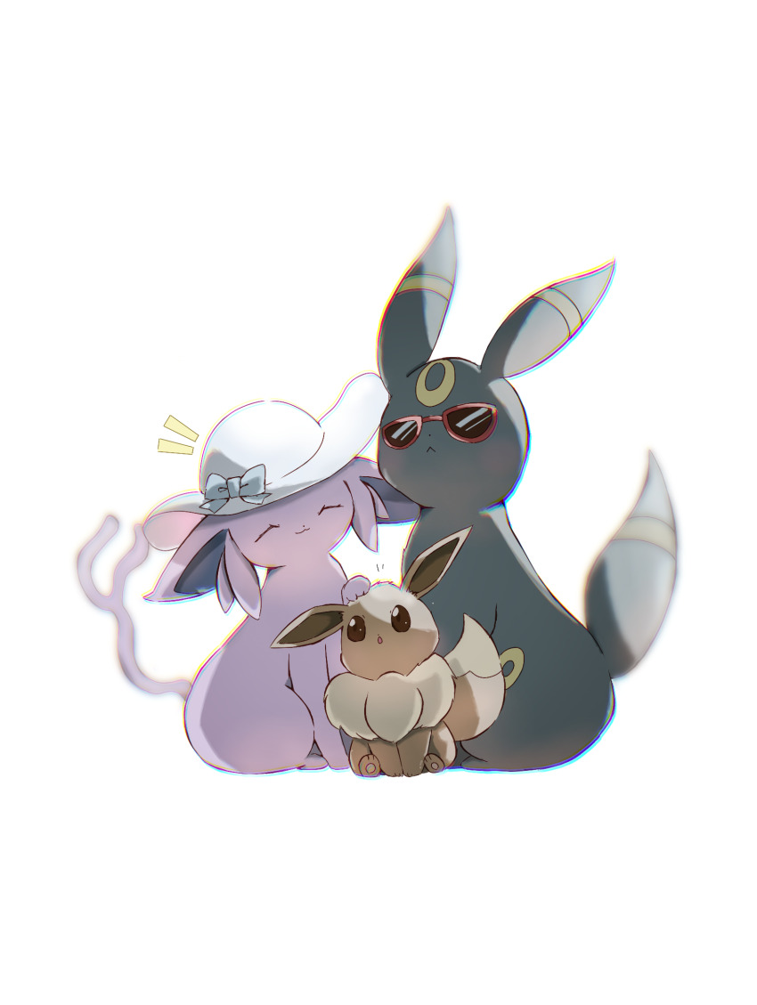 :<, :3, :o, ^_^, animal_focus, backlighting, blue_bow, blurry, bow, chromatic_aberration, closed_eyes, closed_mouth, clothed_pokemon, depth_of_field, eevee, emofuru_(vktd5442), espeon, facial_mark, family, forehead_mark, forked_tail, full_body, gen_1_pokemon, gen_2_pokemon, glasses, hand_on_another's_head, happy, hat, hat_bow, highres, neck_fur, nintendo, no_humans, notice_lines, open_mouth, pawpads, pince-nez, pokemon, pokemon_(creature), red-framed_eyewear, simple_background, sitting, smile, sun_hat, sunglasses, tail, umbreon, white_background, white_hat