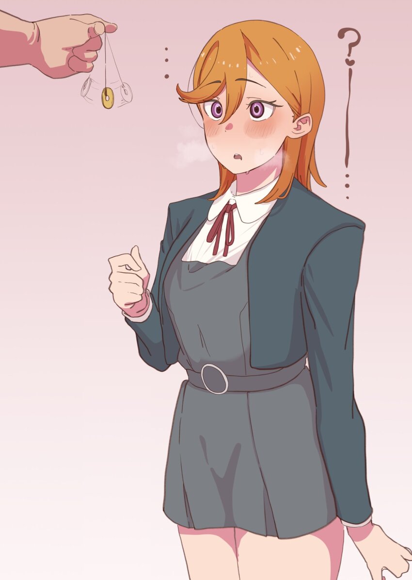 ..., 1boy, 1girl, belt, blue_jacket, blush, breasts, coin, coin_on_string, collared_shirt, commentary_request, cowboy_shot, cropped_jacket, dress, grey_belt, grey_dress, hair_between_eyes, hand_up, highres, hypnosis, jacket, long_sleeves, love_live!, love_live!_superstar!!, medium_breasts, medium_hair, mind_control, motion_lines, neck_ribbon, open_clothes, open_jacket, open_mouth, orange_hair, out_of_frame, pinafore_dress, pink_background, po_0501, purple_eyes, red_ribbon, ribbon, school_uniform, shibuya_kanon, shirt, sleeveless, sleeveless_dress, standing, sweat, white_shirt, winter_uniform, yuigaoka_school_uniform
