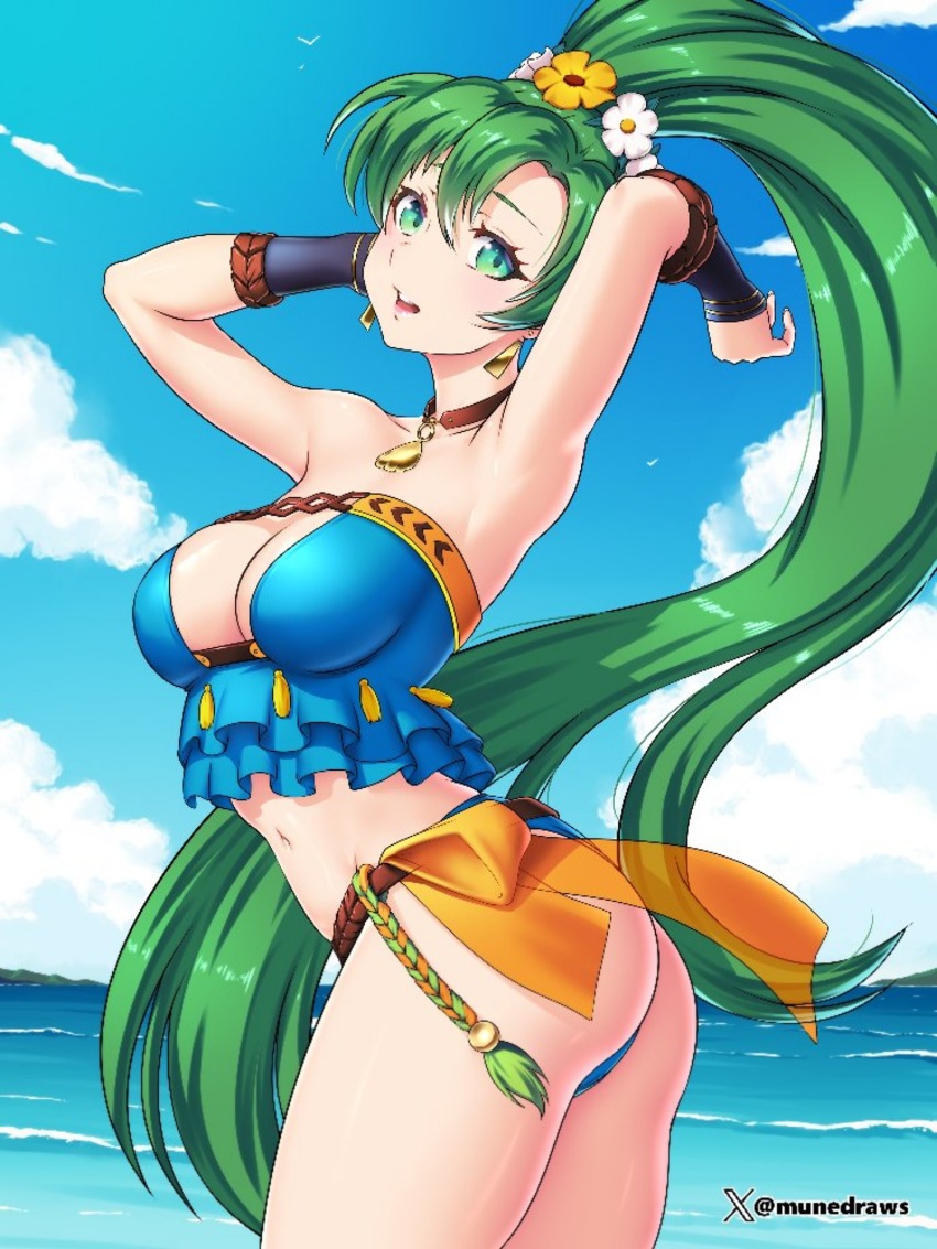 1girl, alternate_costume, ass, bare_shoulders, bikini, boob_and_butt_pose, breasts, broken_spine