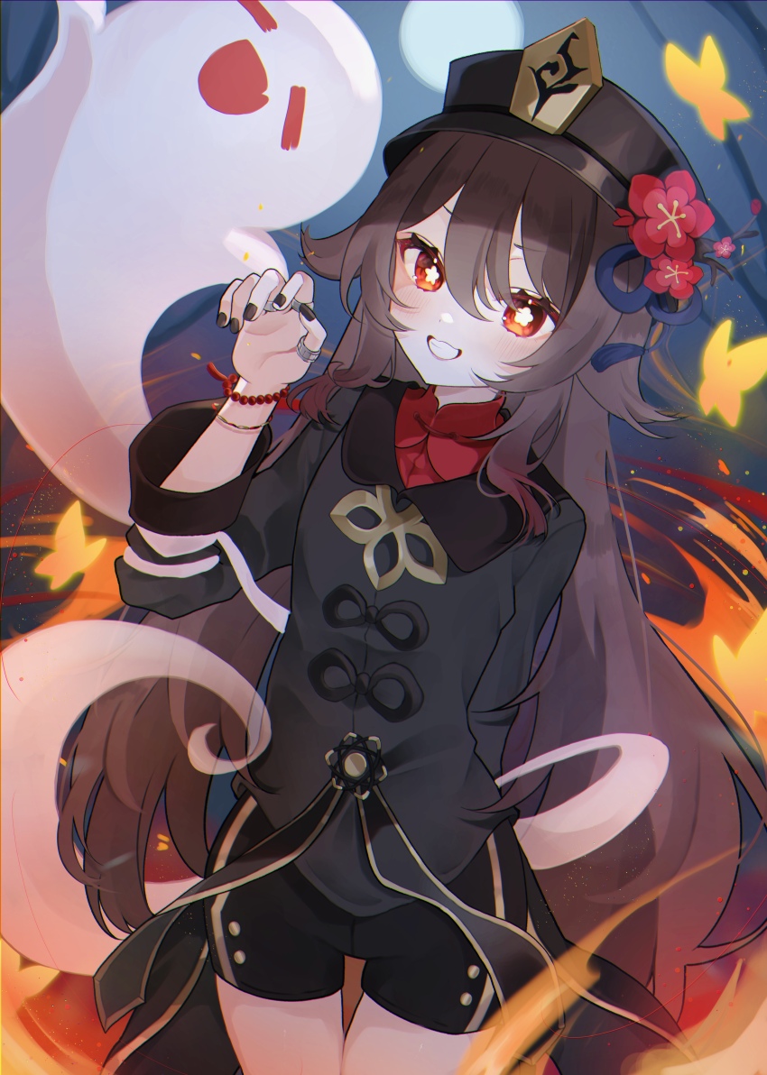 1girl, absurdres, arm_behind_back, bead_bracelet, beads, black_nails, black_shorts, boo_tao_(genshin_impact), bracelet, brown_hair, chinese_clothes, commentary, cowboy_shot, flower, flower-shaped_pupils, genshin_impact, ghost, hair_between_eyes, hat, hat_flower, highres, hu_tao_(genshin_impact), jewelry, long_hair, long_sleeves, looking_at_viewer, mikan_(90926728), paw_pose, plum_blossoms, porkpie_hat, red_eyes, red_flower, shirt, shorts, smile, solo, symbol-shaped_pupils, tailcoat, teeth, twintails, very_long_hair