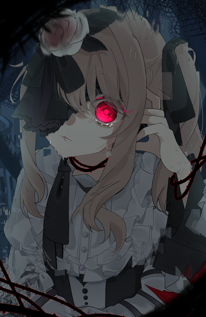 1other, absurdres, akiyama_mizuki, black_ribbon, commentary_request, crying, crying_with_eyes_open, dress