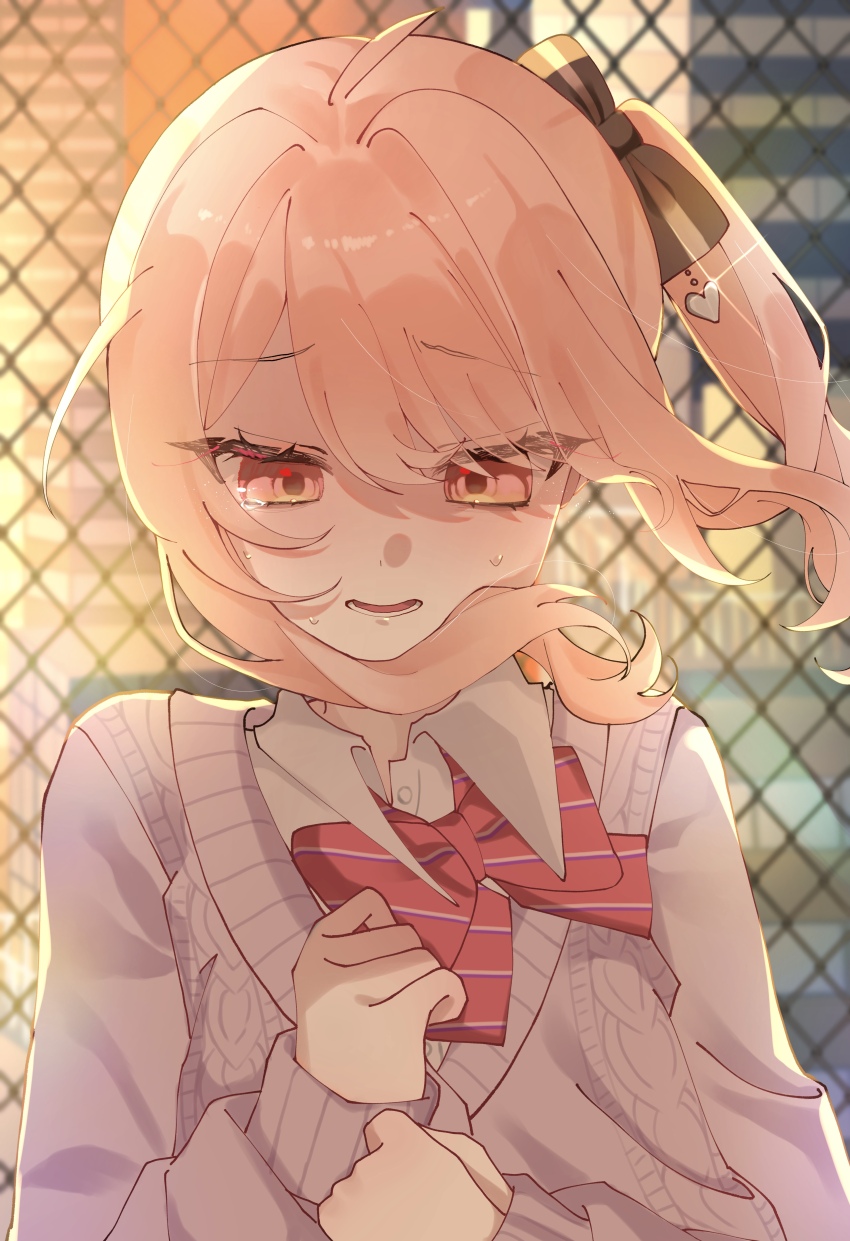 1other, absurdres, akiyama_mizuki, bow, bowtie, cardigan, chain-link_fence, collared_shirt