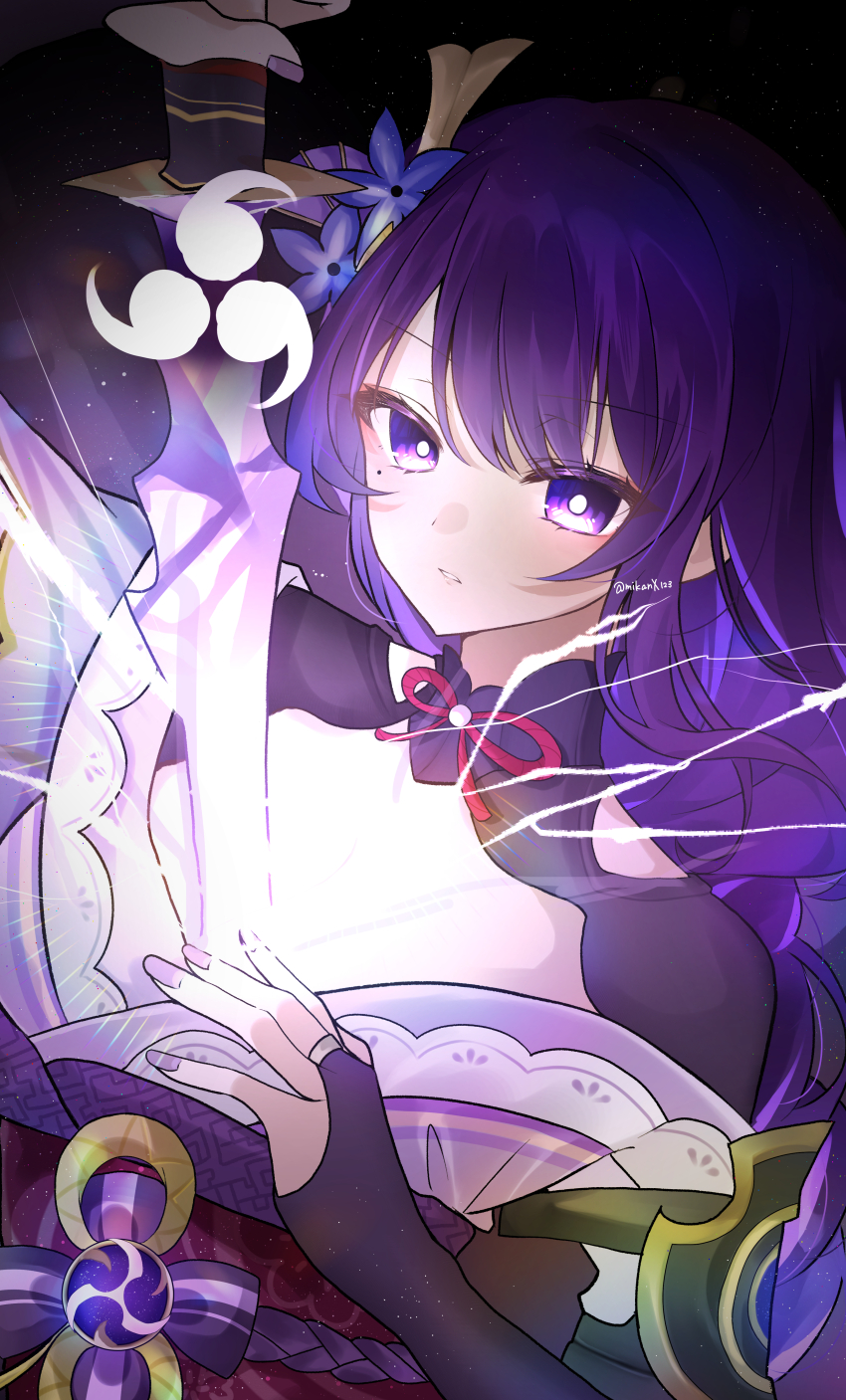 1girl, absurdres, braid, breasts, bridal_gauntlets, bright_pupils, commentary, genshin_impact, highres, holding, holding_sword, holding_weapon, human_scabbard, japanese_clothes, kimono, long_hair, low-braided_long_hair, low-tied_long_hair, mikan_(90926728), mole, mole_under_eye, musou_isshin_(genshin_impact), obiage, obijime, parted_lips, purple_eyes, purple_hair, purple_kimono, purple_nails, raiden_shogun, solo, sword, upper_body, weapon, white_pupils