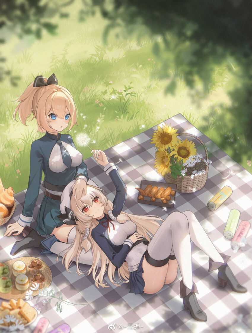 2girls, basket, black_bow, black_footwear, blonde_hair, blue_eyes, blue_skirt, bogue_(warship_girls_r)