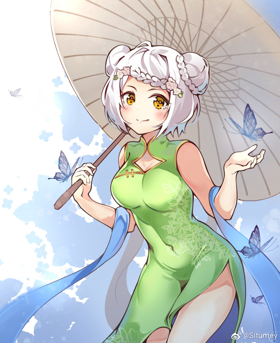 1girl, blush, braid, braided_bangs, breasts, bug, butterfly, china_dress