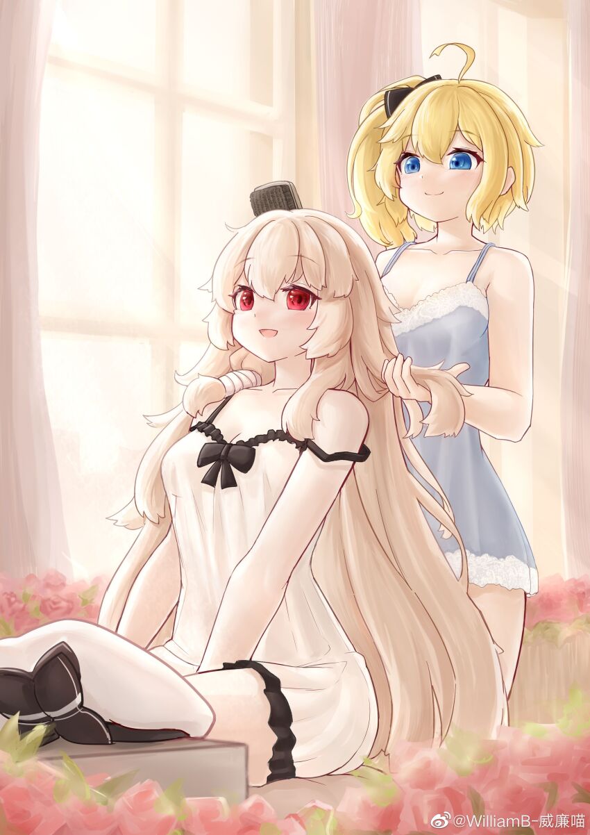 2girls, absurdres, ahoge, alternate_costume, alternate_hairstyle, blonde_hair, blue_eyes, blush
