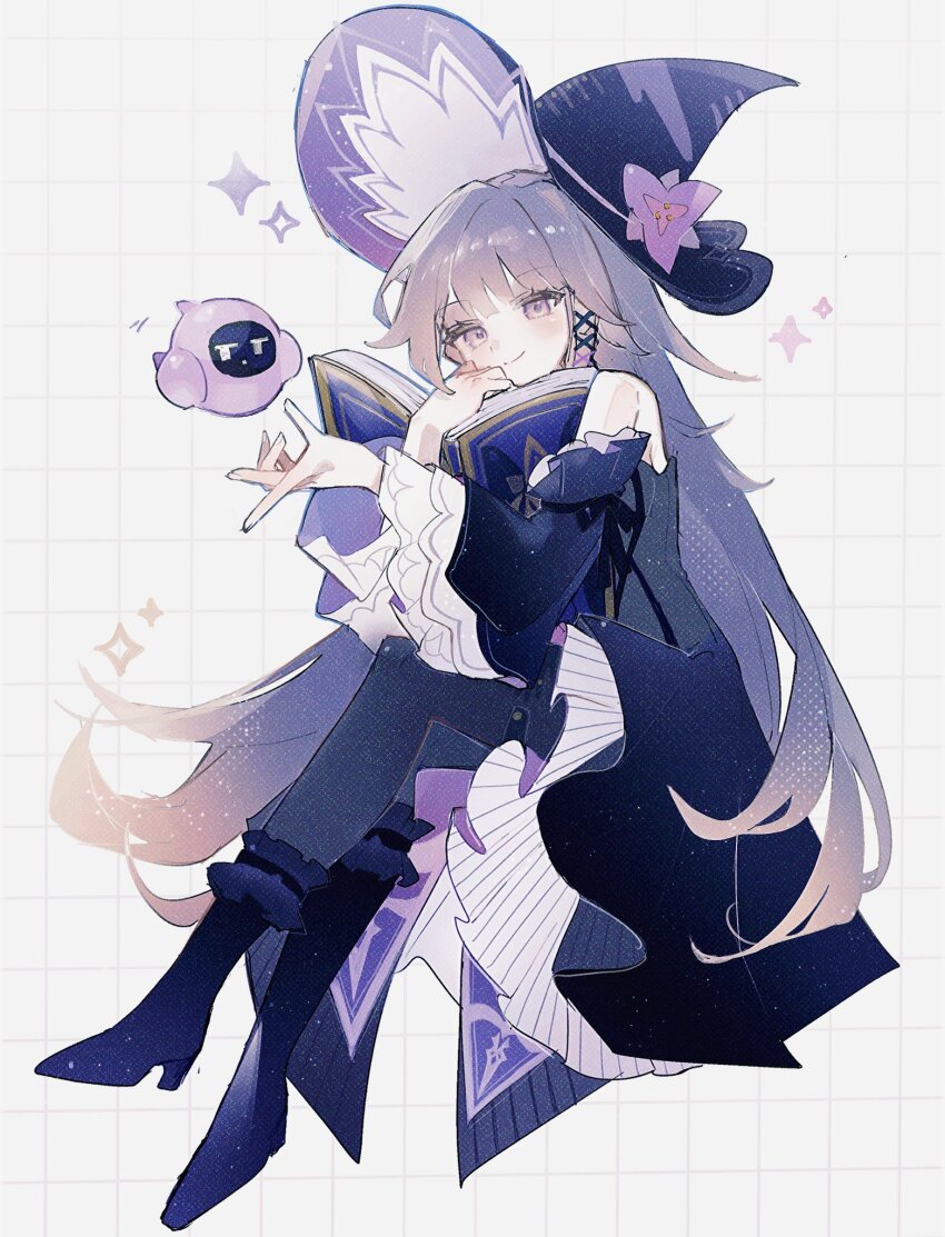 1girl, black_boots, black_dress, black_pantyhose, blush, book, boots, closed_mouth