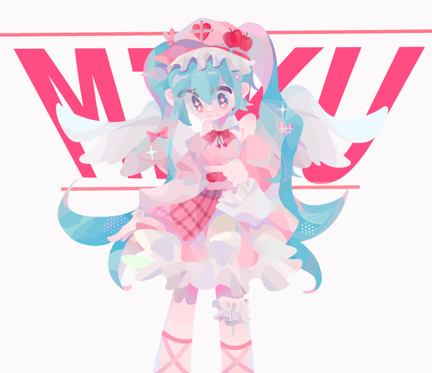 1girl, apple_hat_ornament, bare_shoulders, blue_eyes, blue_hair, bow, character_name, closed_mouth, crying, crying_with_eyes_open, dress, eyes_visible_through_hair, feet_out_of_frame, fruit_hat_ornament, hair_between_eyes, hair_bow, hair_ornament, hat, hatsune_miku, heart, heart_hair_ornament, highres, legs_apart, light_blue_hair, long_hair, long_sleeves, matoka7, off-shoulder_dress, off_shoulder, pink_bow, pink_dress, pink_hat, rabbit_hair_ornament, simple_background, smile, solo, sparkling_eyes, standing, tears, twintails, vocaloid, white_background